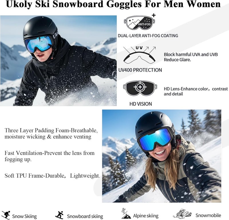 Ukoly Ski/Snowboard Goggles for Men Women, Snow Goggles HD Lens Anti-Fog Coating OTG Design UV400 Protection Windproof - Image 3